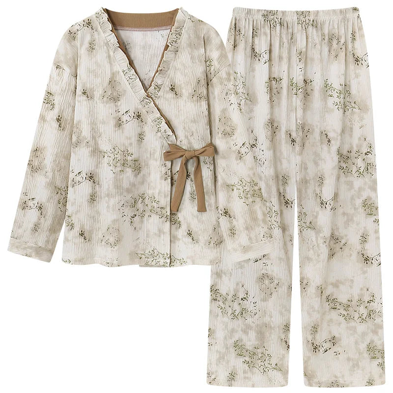 Spring Autumn V-Neck Pajamas Female Pajamas Sets Elegant Floral Japanese Kimonos For Women Big Yards M-4XL Cotton