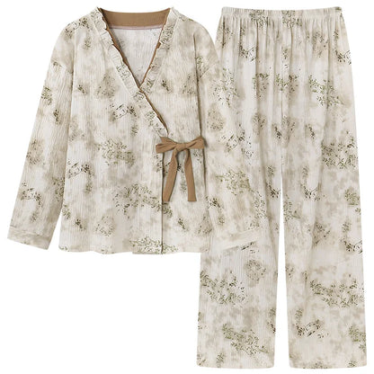 Spring Autumn V-Neck Pajamas Female Pajamas Sets Elegant Floral Japanese Kimonos For Women Big Yards M-4XL Cotton