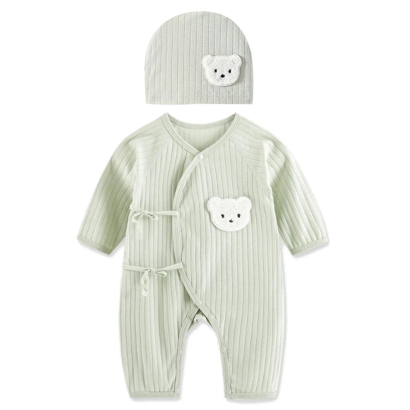 Breathable Newborn Bear Jumpsuit Hospital Hat Spring Outfit Long Sleeves Bodysuits for Baby Girls Boys Unisex Coveralls A2UB
