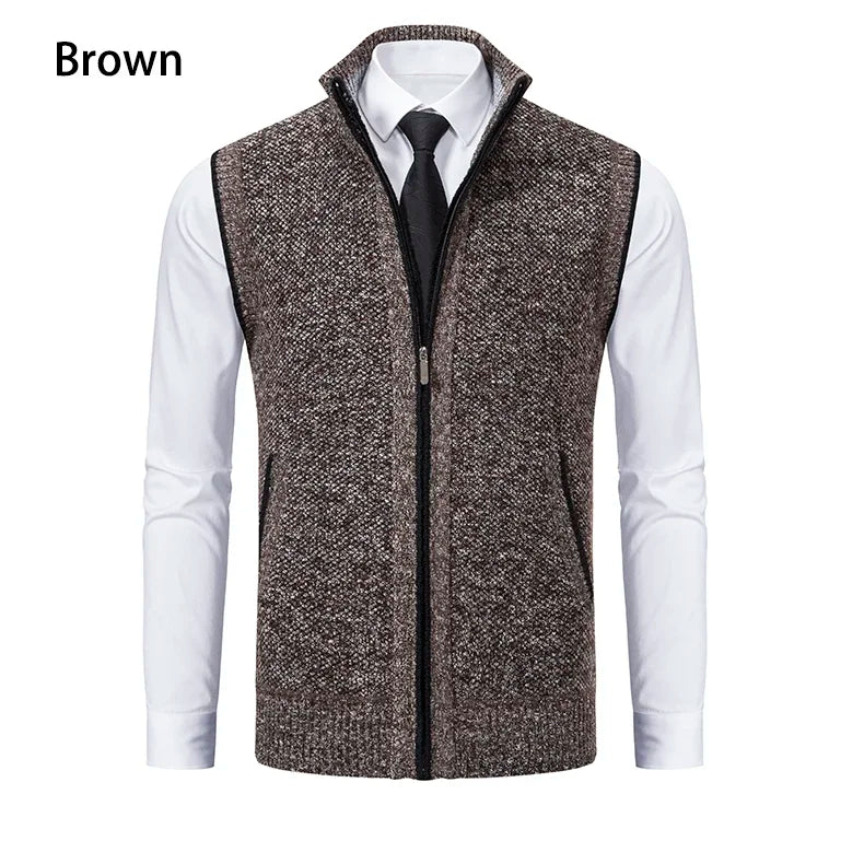 Vest Men Knitted Sleeveless Sweater Jacket Wool Velvet Zipper Cardigan Turn-down Pullovers Turtleneck Sweater coat Knit Waistcoat