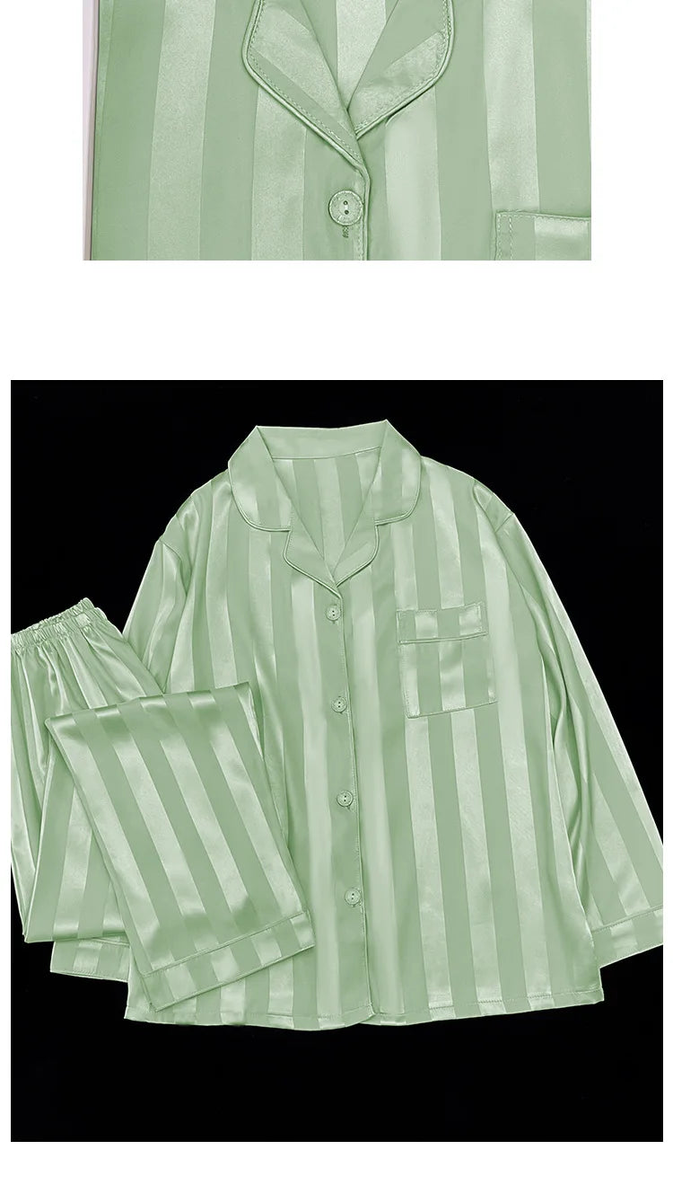 Women's Pajamas Sets Spring Autumn 2 Piece Striped Pajama Faux Silk Satin Sleepwear Long Sleeve Button Pajama Mujer Pjs Home wear