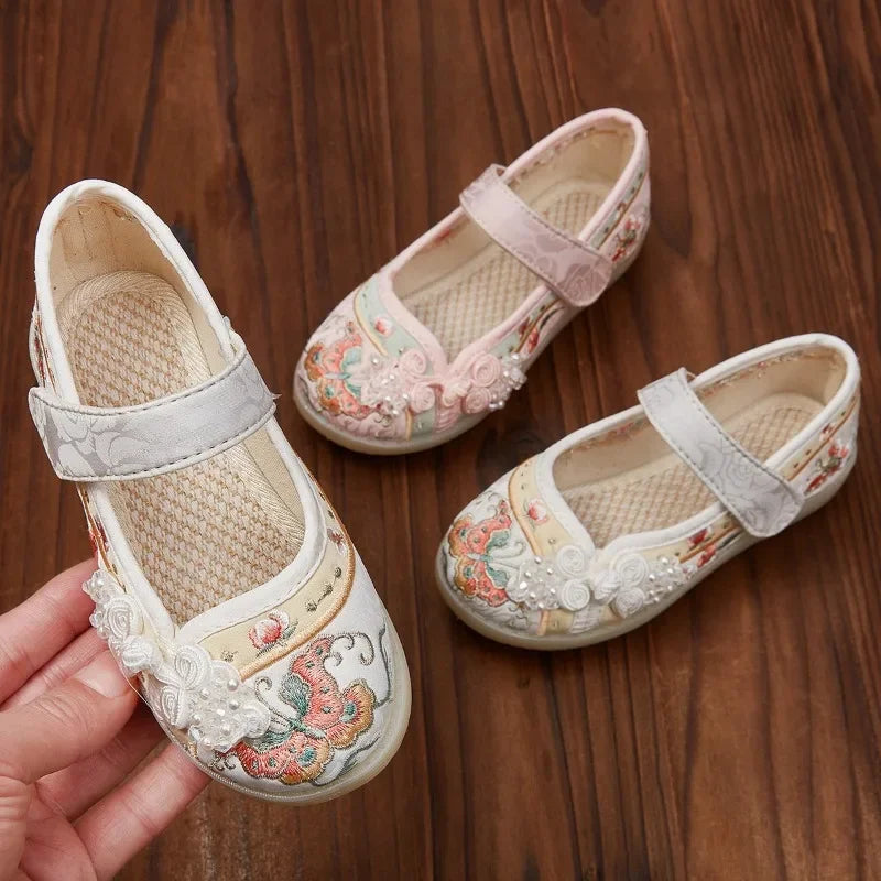 Kids Hanfu Shoes Sweet Embroidery Flower Girl Princess Shoes Fashion Chinese Ancient Style Children's Causal Flat Cloth Shoes