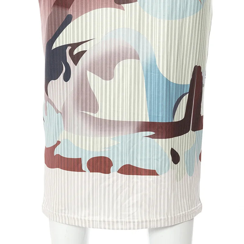 Women Vintage Art Print Ribbed Y2K Midi Skirt Elegant Bodycon Long Skirt Harajuku Wild Bottoms Harajuku Slim Fit Party Skirt