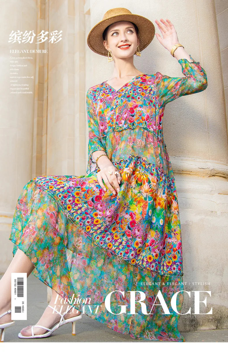 High Quality Summer 2025 Beach Boho Vintage Print Chiffon V Neck Dress Elegant Party Robe Designer Vespids Loose Midi Dress