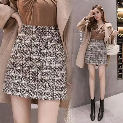 Tweed Skirts for Women Solid High Waist Slimming Skirts Autumn Spring 2026 Buttons Double Breasted Tweed Wool Mini Skirt