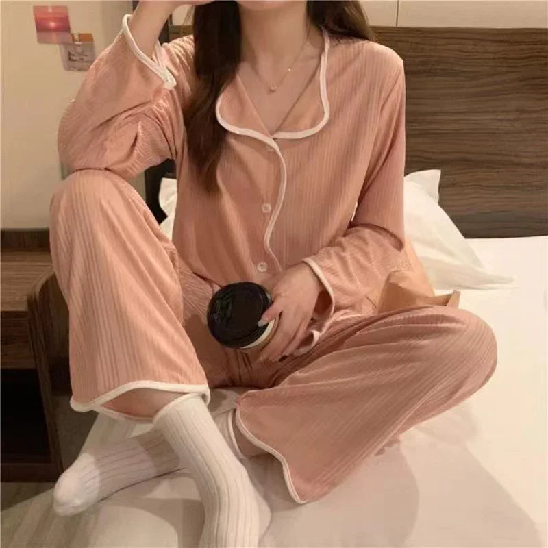 Spring and Autumn Long Sleeve Pants Pajamas Loungewear Set Women's Simple Pull Edge Loose Girl Student Loungewear Loose Suit