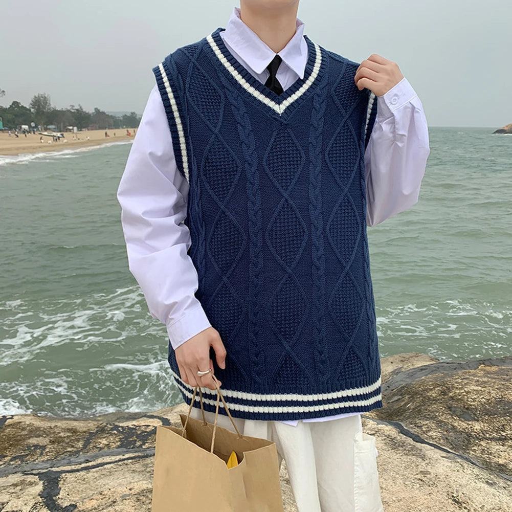 Men's Classic Contrast Color Thermal V-Neck Comfortable Cardigan Sleeveless Slight Stretch Solid Vest Simple Loose Waistcoat Tops