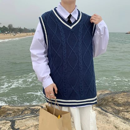 Men's Classic Contrast Color Thermal V-Neck Comfortable Cardigan Sleeveless Slight Stretch Solid Vest Simple Loose Waistcoat Tops