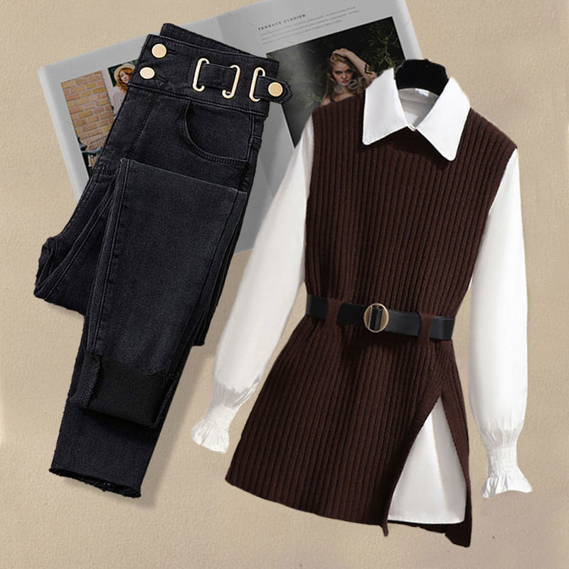 2026 Autumn Increased Size Korean Popular Chiffon Shirt Knitted Sweater Jeans Three Piece Elegant Women's Pants Set Tracksuit
