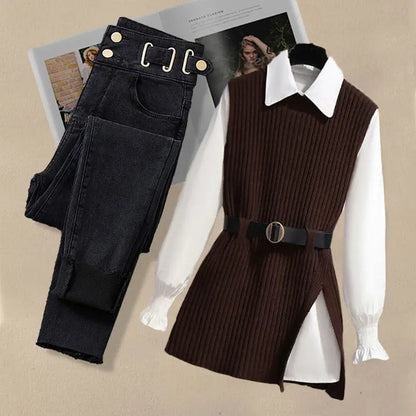 2026 Autumn Increased Size Korean Popular Chiffon Shirt Knitted Sweater Jeans Three Piece Elegant Women's Pants Set Tracksuit