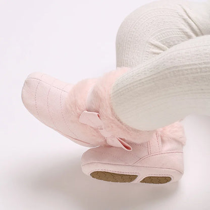 Baby Girl Boots Cute Bowknot Crib Shoes Infant Winter Warm Plush Boots First Walker Shoes with Non-Skid Soles