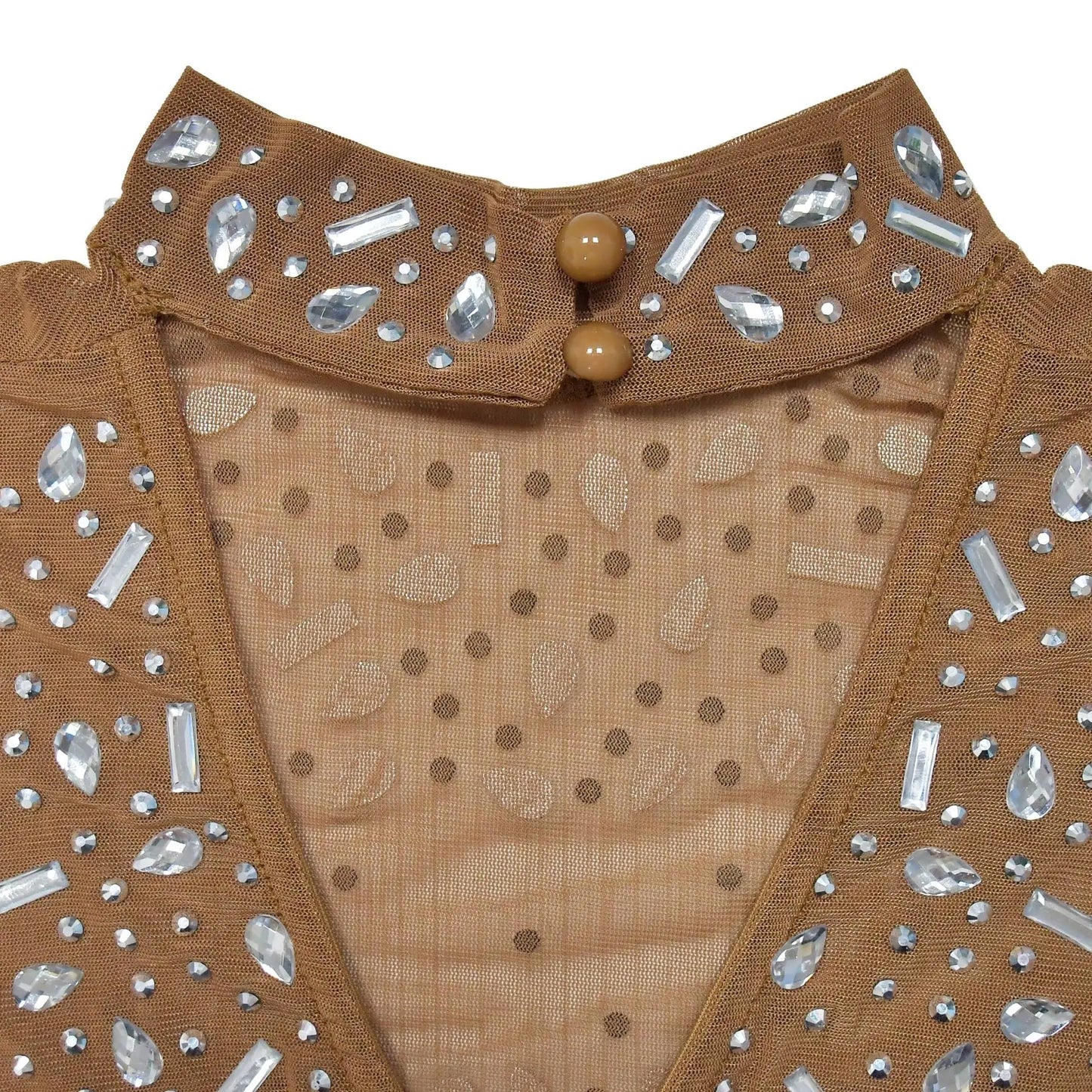 Women Sexy See Through Sheer Mesh Rhinestone Décor Long Sleeve Maxi Party Dress