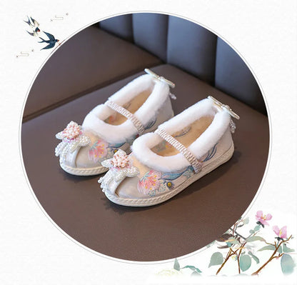 Kids Princess Embroidery Shoes Girls Winter Warm Cotton Shoes Traditional Chinese Style Children Hanfu Performance Flats Shoes