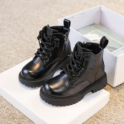 Kid's Winter Cotton Boots Plus Velvet Thickening Water Proof Retro Black Trendy All-match Leather Casual Boys Girls Ankle Boot