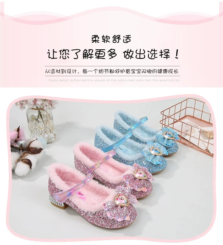 Disney Princess Kids Warm Winter Shoes for Girls Elsa Casual Glitter Children Flat Heel Girls Shoes Butterfly Knot Blue Pink