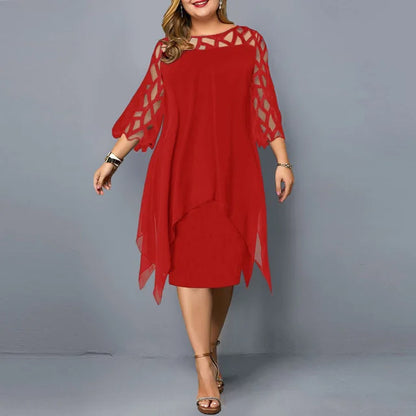 Sexy Women'S Clothing Evening Dresses Xxl O Neck Lace Sleeve Hollow Out Solid 2026 Elegant Midi Party Dress For Chubby Women