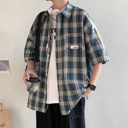 Korean Y2k Streetwear Plaid Shirt Men Shirts 2025 New Summer Fashion Chemise Homme Men's Checkered Shirts Short Sleeve Men Blouse