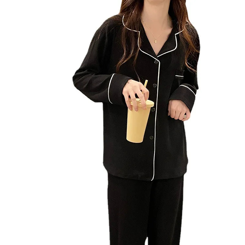 Black Sleepwear Women Pajama Sets Korean Pajama Autumn Pants Sets for Women 2 Pieces Button Night Wears Long Sleeve Home Suit
