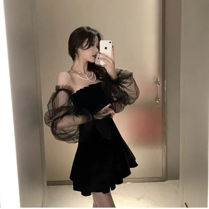 New 2026 Black Retro Dress Women Lace Chiffon Mini Dress Female High Street Sexy Korean Fashion Dress Women Club Dress