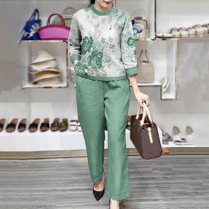 Summer Sets Large Silk Wide Leg Trouser Set Women's Spring 2026 New Print Silk Fashion Slim Two Piece Set Female Elegant
