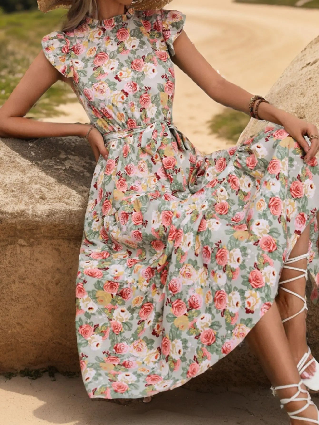 Elegant Floral Prints Dresses For Summer Women Dress 2026 New O-neck Short Flying Sleeves Lace Up High Waisted Midi Dress Woman