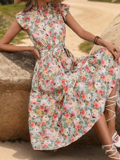 Elegant Floral Prints Dresses For Summer Women Dress 2026 New O-neck Short Flying Sleeves Lace Up High Waisted Midi Dress Woman