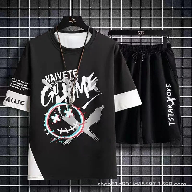 Summer Men Sets 2 Piece Set Tracksuits T-shirt for Men sport gym Casual Men Clothing Y2K Joggers Plaid T Shirt Shorts Outfit