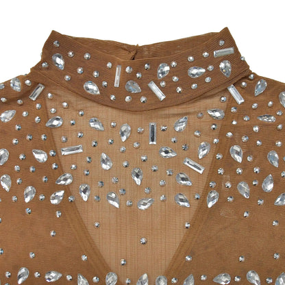 Women Sexy See Through Sheer Mesh Rhinestone Décor Long Sleeve Maxi Party Dress