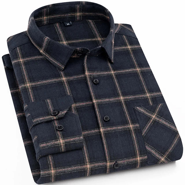 Men's Slim-fit Casual Brushed Flannel Contrast Plaid Shirt Single Patch Chest Pocket Comfortable Soft Long Sleeve Gingham Shirts