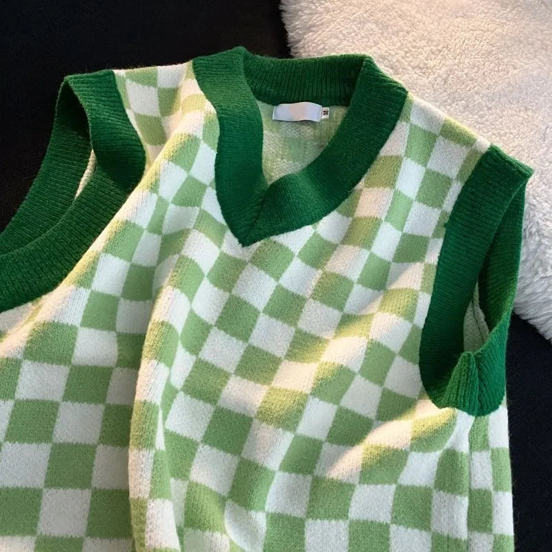 Men's Checkerboard Plaid V-neck Knitted Vest Female Spring Autumn Loose Couple Sweater Coat Sleeveless Vests Casual Tops