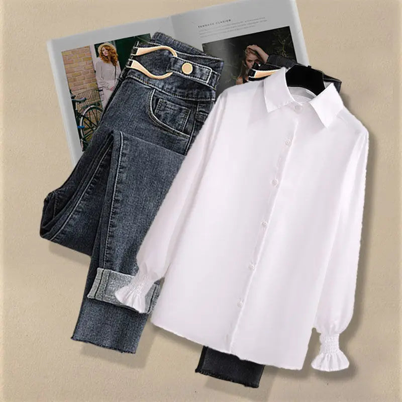 2026 Autumn Increased Size Korean Popular Chiffon Shirt Knitted Sweater Jeans Three Piece Elegant Women's Pants Set Tracksuit