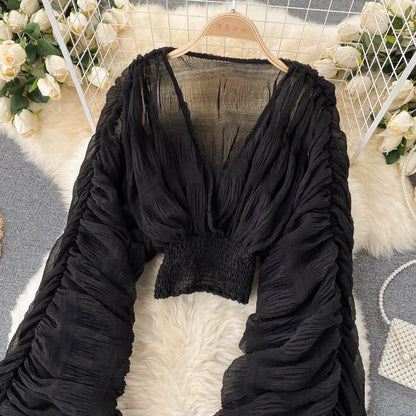 Women Sexy Chiffon Short Blouse Female See Through Super Long Sleeve Purple/Green/Black/White Folds Party Tops 2026 New