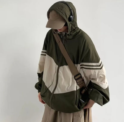 Men Jackets Hooded Baggy Patchwork Contrast Color Fashion Comfortable Waterproof Leisure Daily Retro Outer Japanese Style Chic