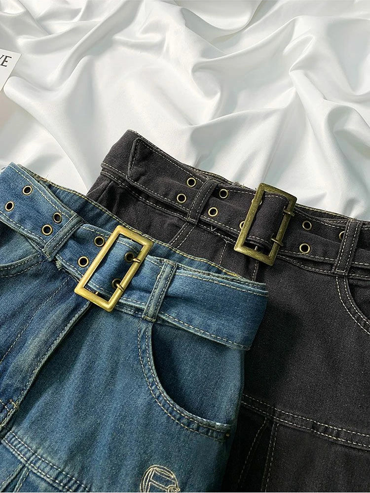 Embroider denim skirt women's clothing spring and summer retro pleated skirt empire look slimmer mini skirt