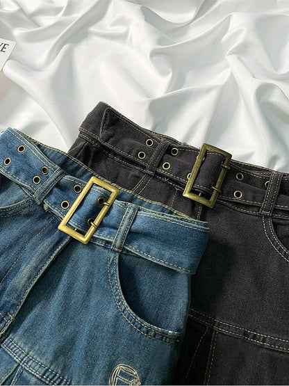 Embroider denim skirt women's clothing spring and summer retro pleated skirt empire look slimmer mini skirt