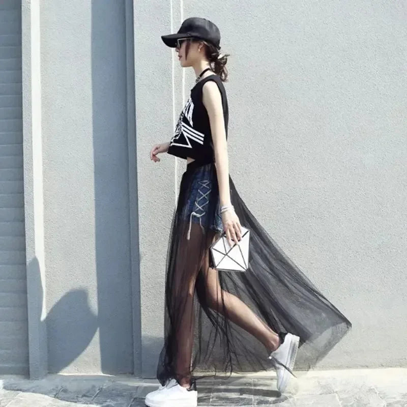 Women's Perspective Mesh Half Skirt Single Layer Long Skirt