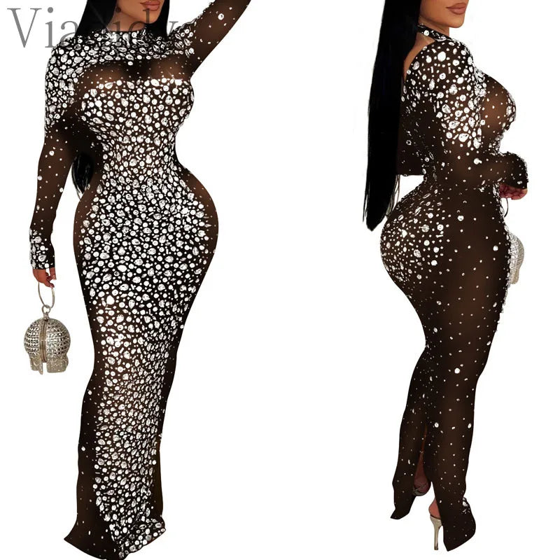 Women Sexy See Through Sheer Mesh Rhinestone Décor Long Sleeve Maxi Party Dress