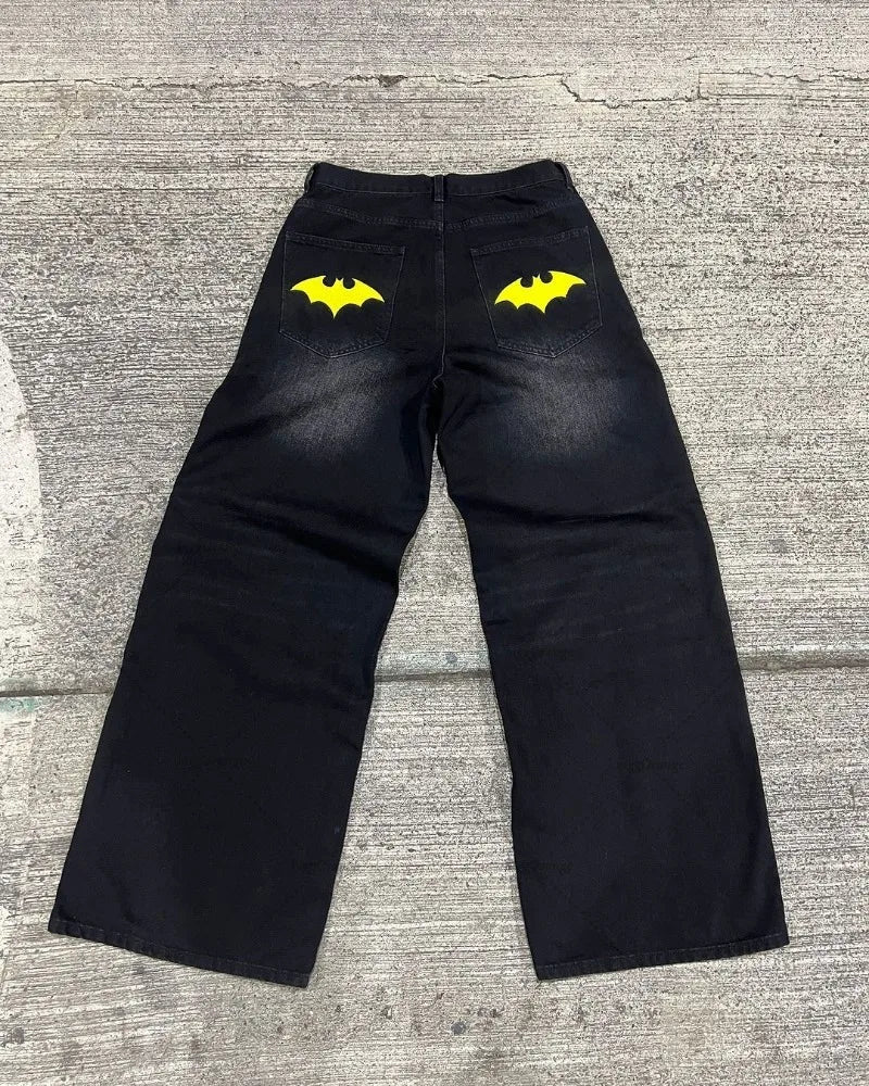American Style Baggy Oversized Jeans Y2K Harajuku Retro Hip-hop Streetwear Gothic Bat Pattern Casual Straight Wide-leg Pants Men