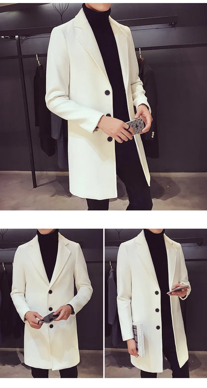 Autumn and Winter Slim Fit Long Wool Coat for Men's Single Breasted Lapel, Street Fashion Business Trench Coat for Men Clothing