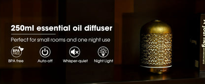 8.45oz Essential Oil Aromatherapy Diffuser for Home Bedroom Office Metal Hollow Decorative Room Ultrasonic Air Scent Mist Aroma Diffuser
