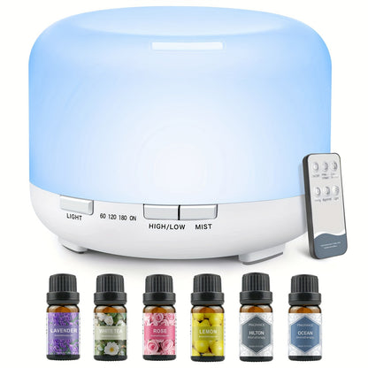 500ML Auto Shut Off Aroma Diffuser With 6 Bottle 10ML Essential Oil Set, Oil Set For Home Office Bedroom