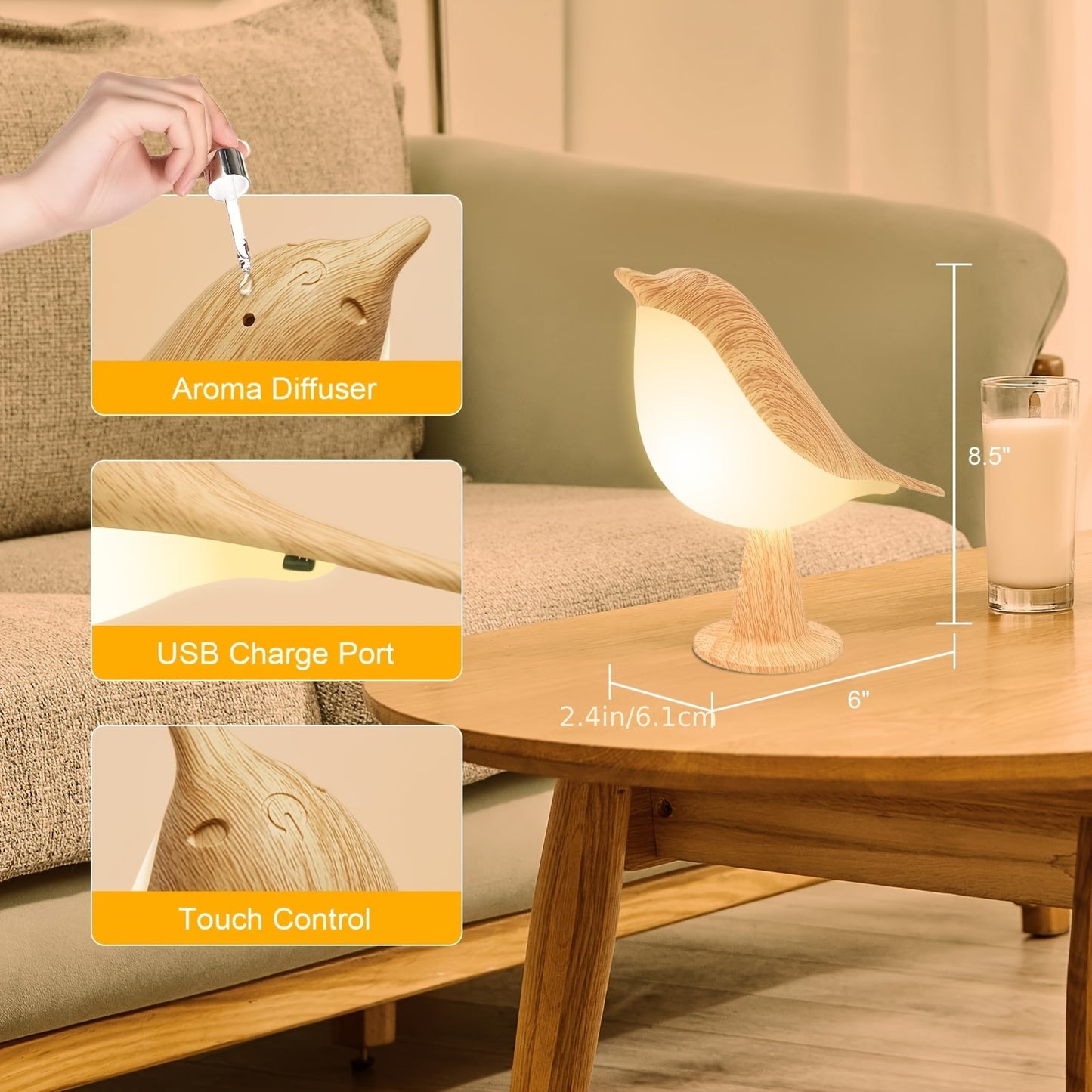 1pc of Bird Touch Lights Suitable for Bedrooms, Dimmable Cordless Bird Night Lights, USB Rechargeable Touch Sensor Control Table, And Table Lamp with Aroma Diffuser Function